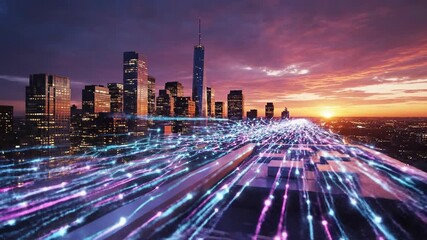 Aerial view of a futuristic smart city skyline at sunset, with glowing light trails representing the flow of big data and high-speed communication - Powered by Adobe