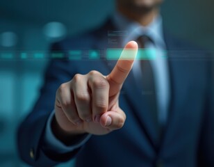 Businessman using AIpowered SEO search engine optimization tool on virtual interface representing digital marketing strategy website ranking and online visibility