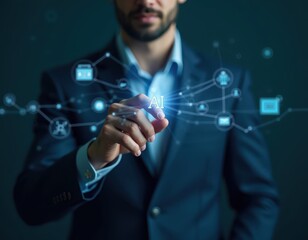 Businessman using mobile phone with virtual chatbot icon AI technology virtual assistant customer service automation and digital communication innovation concept