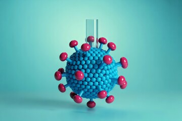 Virus model with test tube on blue background