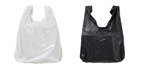 Two plastic bags, one white and one black, highlighting their shape and material