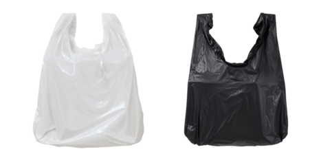 Two plastic bags, one white and one black, highlighting their shape and material