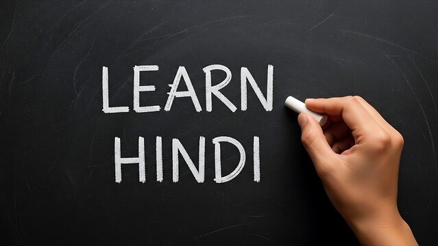 Learn Hindi Text Written on Blackboard with Chalk.
