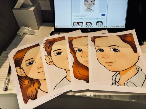 Printed avatar portraits sit in front of a computer screen displaying an avatar creation program. Papers, tissues, and a pen are also visible.