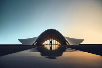 Person standing in modern architectural wonder at sunset