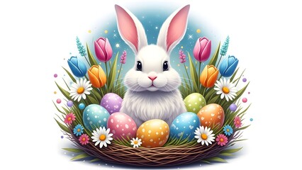 Easter bunny sitting in a colorful floral nest with eggs