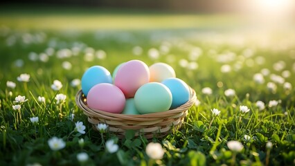 Colorful easter eggs in a wicker basket on a sunny meadow