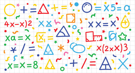 Colorful and playful hand drawn mathematical equations and geometric shapes pattern featuring variables symbols and basic arithmetic operators scattered across a white grid background