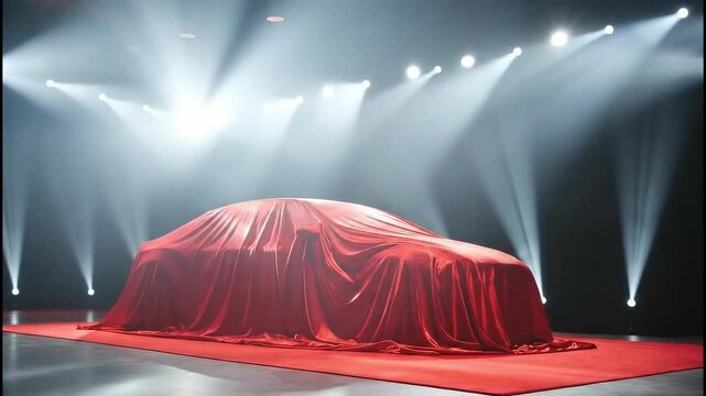 A new luxury car hidden under silky red cloth, illuminated by bright spotlight on red stage background. Grand unveiling and launch concept