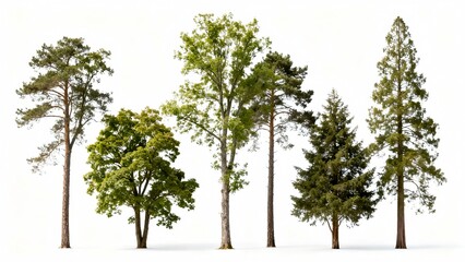various trees of different shapes and sizes stand together. A testament to nature's diverse designs. The scene showcases an array of trees
