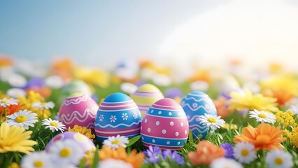 Colorful easter eggs in a vibrant spring floral field with daisies