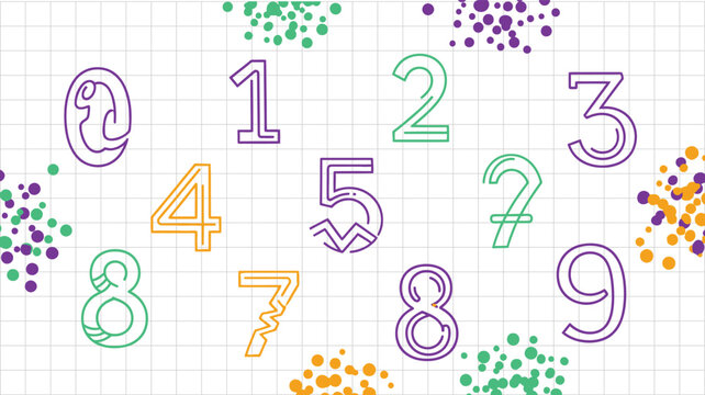 Creative number set with colorful digits and scattered dots on grid background for various design applications and mathematical concepts.