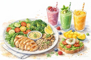 Healthy Balanced Meal with Grilled Chicken Salad and Smoothies