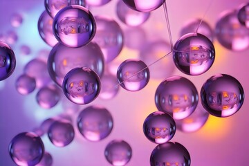 Vibrant purple glass beads floating in mid-air with colorful reflections