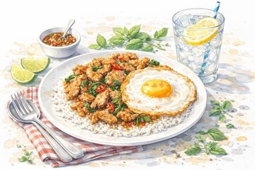 Khao Krapao Spicy Fried Rice with Egg and Basil on White Plate