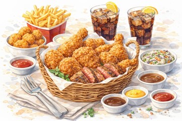 Fried Chicken Basket with Fries Nuggets and Soft Drinks