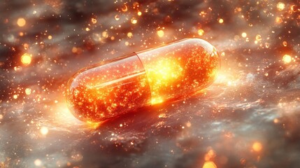 A glowing, translucent capsule floats in a swirling, fiery atmosphere, suggesting medical power