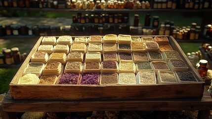 Wooden tray displays numerous labeled herbs and spices, with rows of various colored dried plants