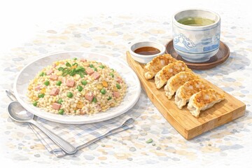 Fried Rice with Gyoza Dumplings and Green Tea