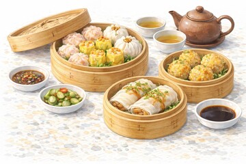 Assorted Dim Sum Bamboo Steamers with Dumplings and Tea