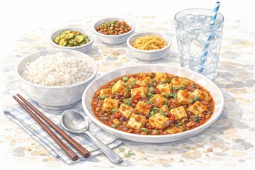Mapo Tofu Spicy Tofu Stir Fry with Rice and Side Dishes