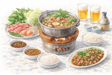 Jim Jum (Thai Northeastern Hot Pot) Stew Hot Pot Meal with Meat Vegetables and Rice