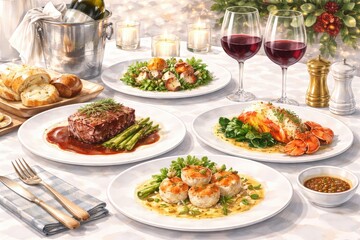 Elegant Dinner Table with Steak Salmon and Wine