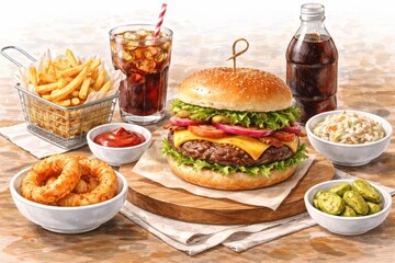 Classic Cheeseburger Meal with Fries Onion Rings and Soda