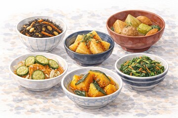Traditional Japan Side Dishes Set with Vegetables and Tofu