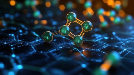 Abstract macro of a molecular structure, with spherical nodes, on a digital circuit board