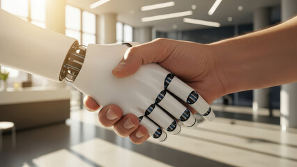 Human hand shaking robotic hand in modern office space