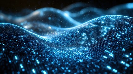 Abstract digital render of a flowing, wavy landscape composed of illuminated blue particles