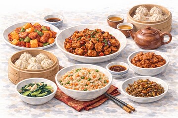 Authentic Chinese Food Banquet with Dim Sum, Kung Pao Chicken and Fried Rice