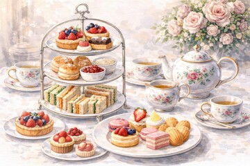 Vintage High Tea Set with Three-Tier Stand, Scones, Sandwiches and Roses