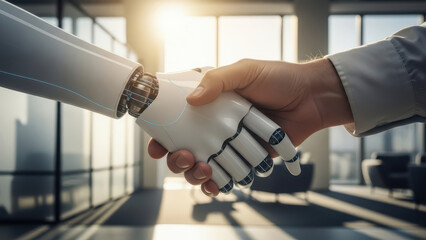 Human and robotic hand shaking in modern office space with sunlight