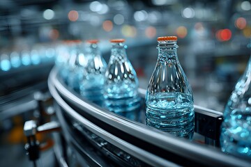 Bottles filled with purified water move along a conveyor belt in an automated bottling plant ensu efficient beverage production line.