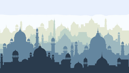 Layered Silhouette Oriental City Skyline with Traditional Domes and Minarets, Vector Illustration © berkot ravot
