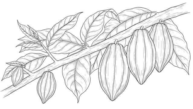 Cacao tree branch with cocoa pods and leaves, botanical line art illustration