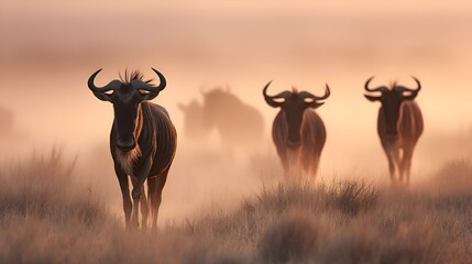 A herd of wildebeest walks through the golden morning mist, creating an atmospheric scene in the African savanna at sunrise.