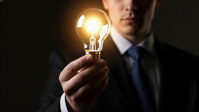 Businessman holding glowing light bulb symbolizing innovation and inspiration