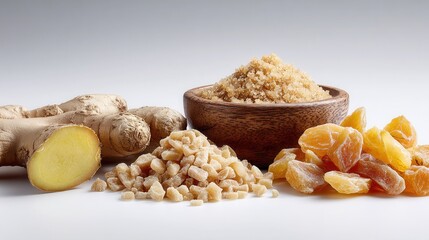 fresh ginger roots with organic shapes and cut surfaces, softly spilling brown sugar candied ginger pieces  