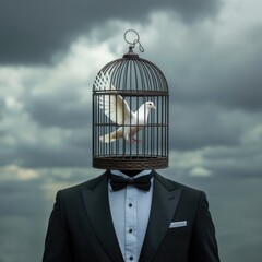 Surreal man with birdcage head and white dove in tuxedo under dramatic storm clouds concept of freedom imagination and identity