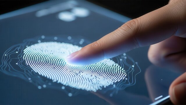Closeup hand scanning biometric fingerprint on glowing screen for secure digital identity verification - Powered by Adobe