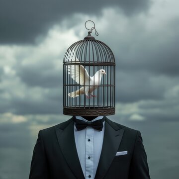 Surreal man with birdcage head and white dove in tuxedo under dramatic storm clouds concept of freedom imagination and identity