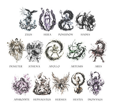 Greek gods and goddesses set featuring Zeus, Hera, Poseidon, Hades, Demeter, Athena, Apollo, Artemis, Ares, Aphrodite, Hermes, Hephaestus, Hestia, and Dionysus in hand drawn illustration.
