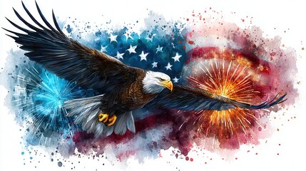 an eagle flying  with background of american flag and fireworks in a water color style, solid white background