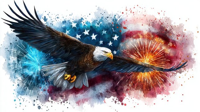 an eagle flying  with background of american flag and fireworks in a water color style, solid white background