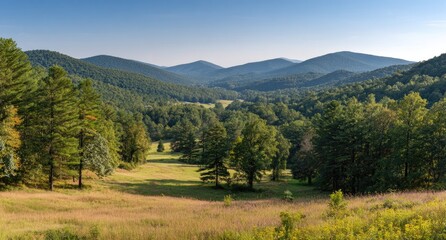 Fototapeta premium Scenic landscape of rolling hills and green forests under clear blue sky