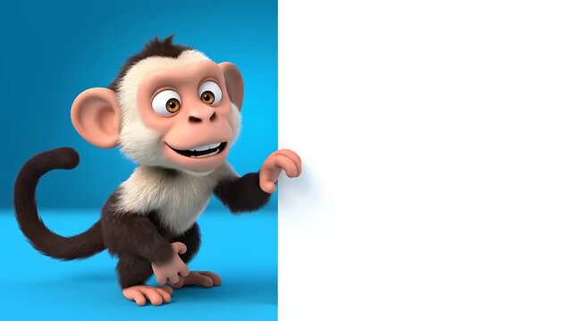 Cheerful 3D Cartoon Monkey Animation Character Presenting Blank White Board Space