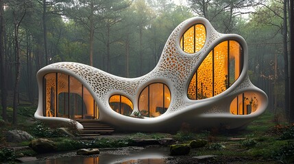 Futuristic organic house in forest.